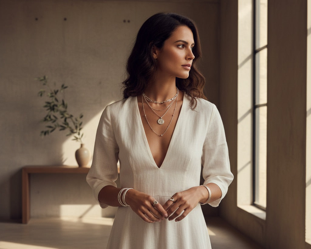 Modelo femenina con joyas de plata italiana  de la Línea Essenziale Di Vogel