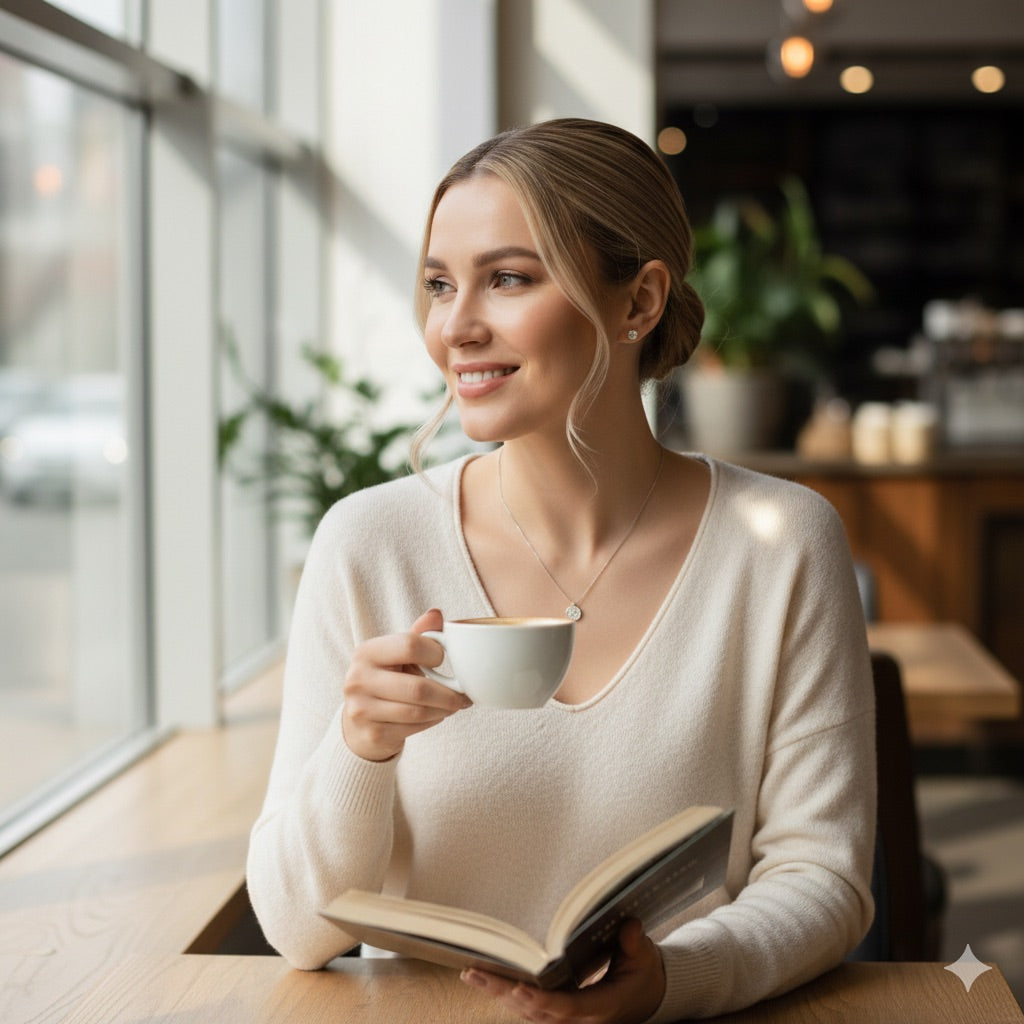 Modelo tomando un café con un collar de la línea Essenziale Di Vogel, mostrando un diseño que está pensado para acompañarte en tu ritmo diario, sin enganches ni molestias.