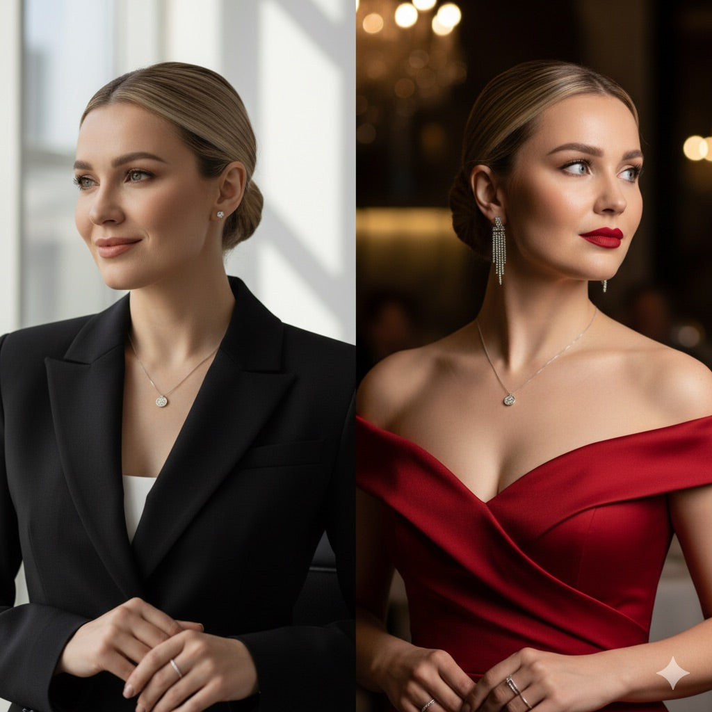 Modelo que luce la misma joya de plata de la Línea Signature  Di Vogel pero en distintas situaciones (día normal de trabajo y evento de lujo) para visualizar lo versatil que es la joya.